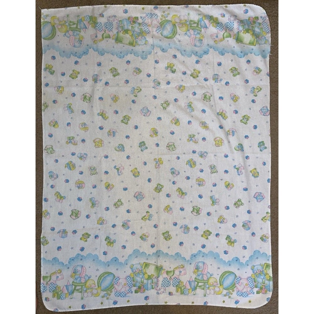 Vintage 37"X29" Cotton Swaddle Receiving Blanket Elephants Bear Toys Primary